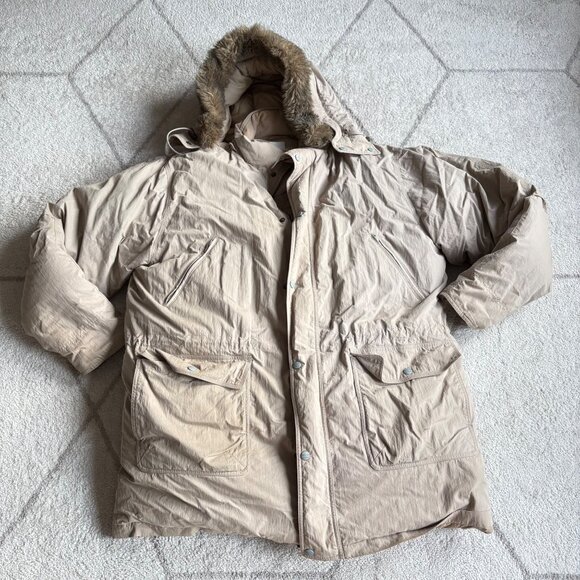 Vintage 80s L.L. Bean 100% Goose Down Puffer Parka Fur Hooded Beige Winter Coat - Picture 1 of 12
